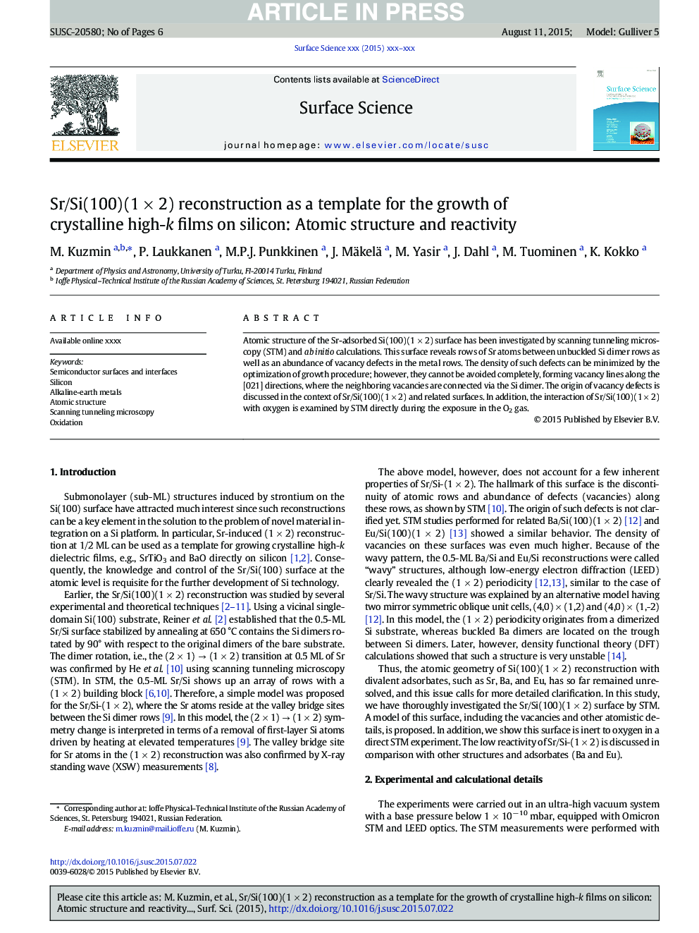 Sr/Si(100)(1Â ÃÂ 2) reconstruction as a template for the growth of crystalline high-k films on silicon: Atomic structure and reactivity