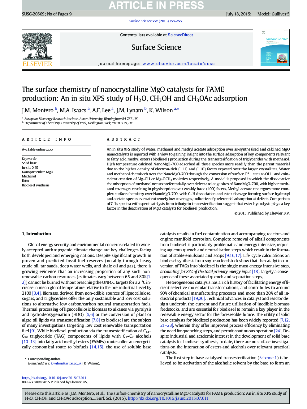 The surface chemistry of nanocrystalline MgO catalysts for FAME production: An in situ XPS study of H2O, CH3OH and CH3OAc adsorption