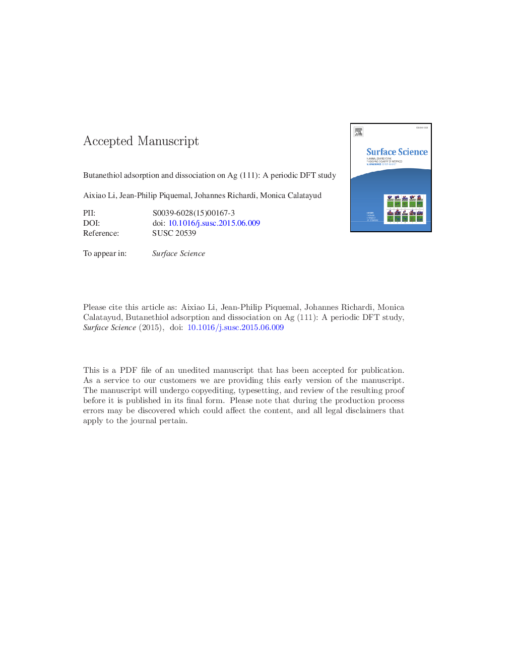 عکس صفحه اول مقاله: Butanethiol adsorption and dissociation on Ag (111): A periodic DFT study Butanethiol adsorption and dissociation on Ag (111): A periodic DFT study