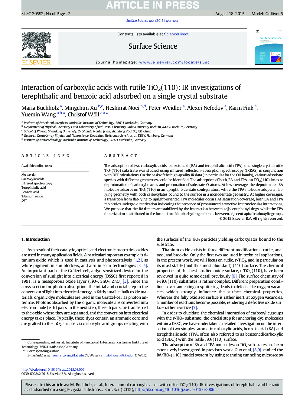 Interaction of carboxylic acids with rutile TiO2(110): IR-investigations of terephthalic and benzoic acid adsorbed on a single crystal substrate