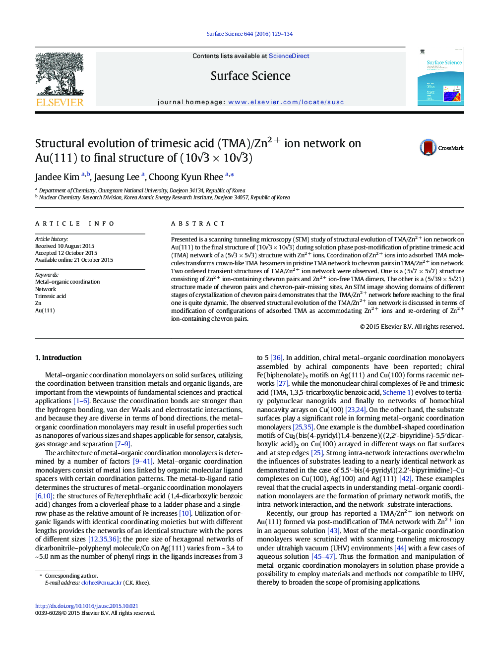 Structural evolution of trimesic acid (TMA)/Zn2Â + ion network on Au(111) to final structure of (10â3Â ÃÂ 10â3)