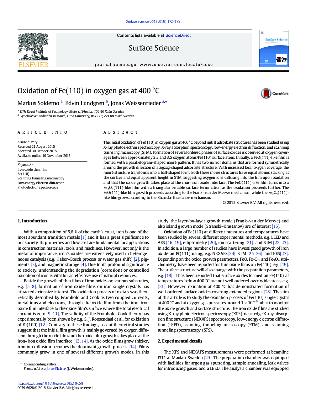 Oxidation of Fe(110) in oxygen gas at 400Â Â°C