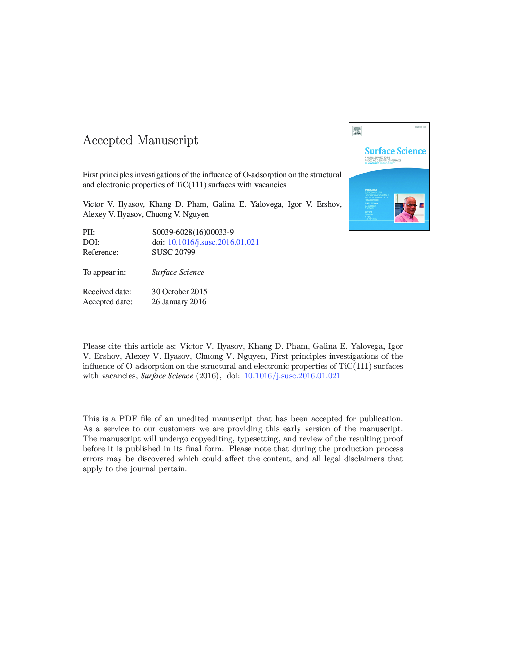 First principles investigations of the influence of O-adsorption on the structural and electronic properties of TiC(111) surfaces with vacancies