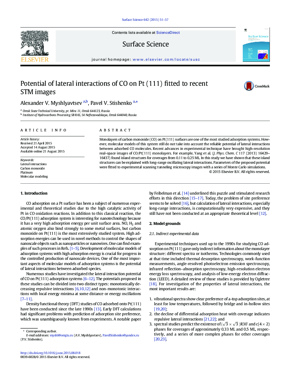 Potential of lateral interactions of CO on Pt (111) fitted to recent STM images