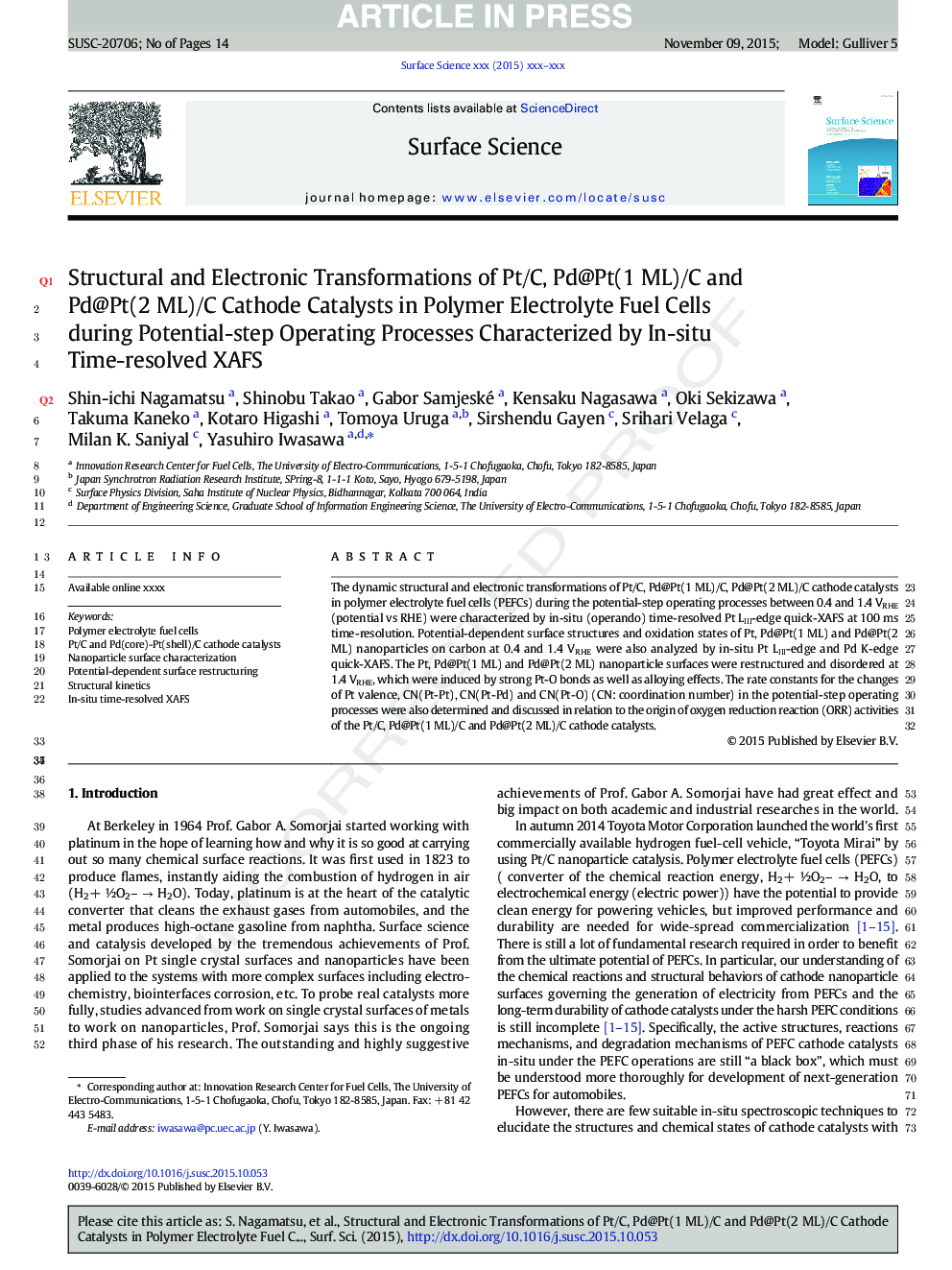 Structural and Electronic Transformations of Pt/C, Pd@Pt(1 ML)/C and Pd@Pt(2 ML)/C Cathode Catalysts in Polymer Electrolyte Fuel Cells during Potential-step Operating Processes Characterized by In-situ Time-resolved XAFS