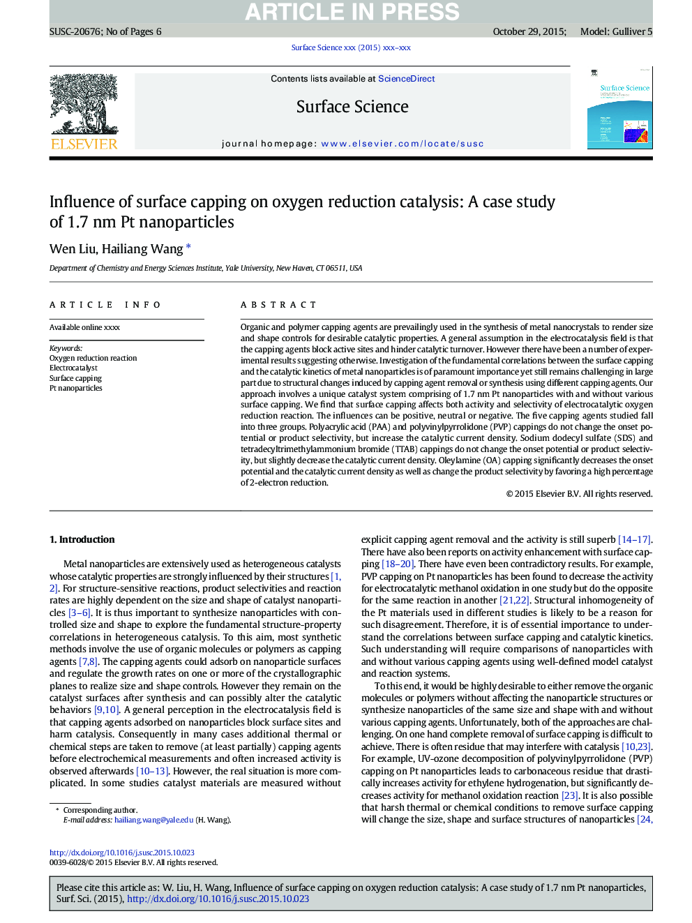 Influence of surface capping on oxygen reduction catalysis: A case study of 1.7Â nm Pt nanoparticles