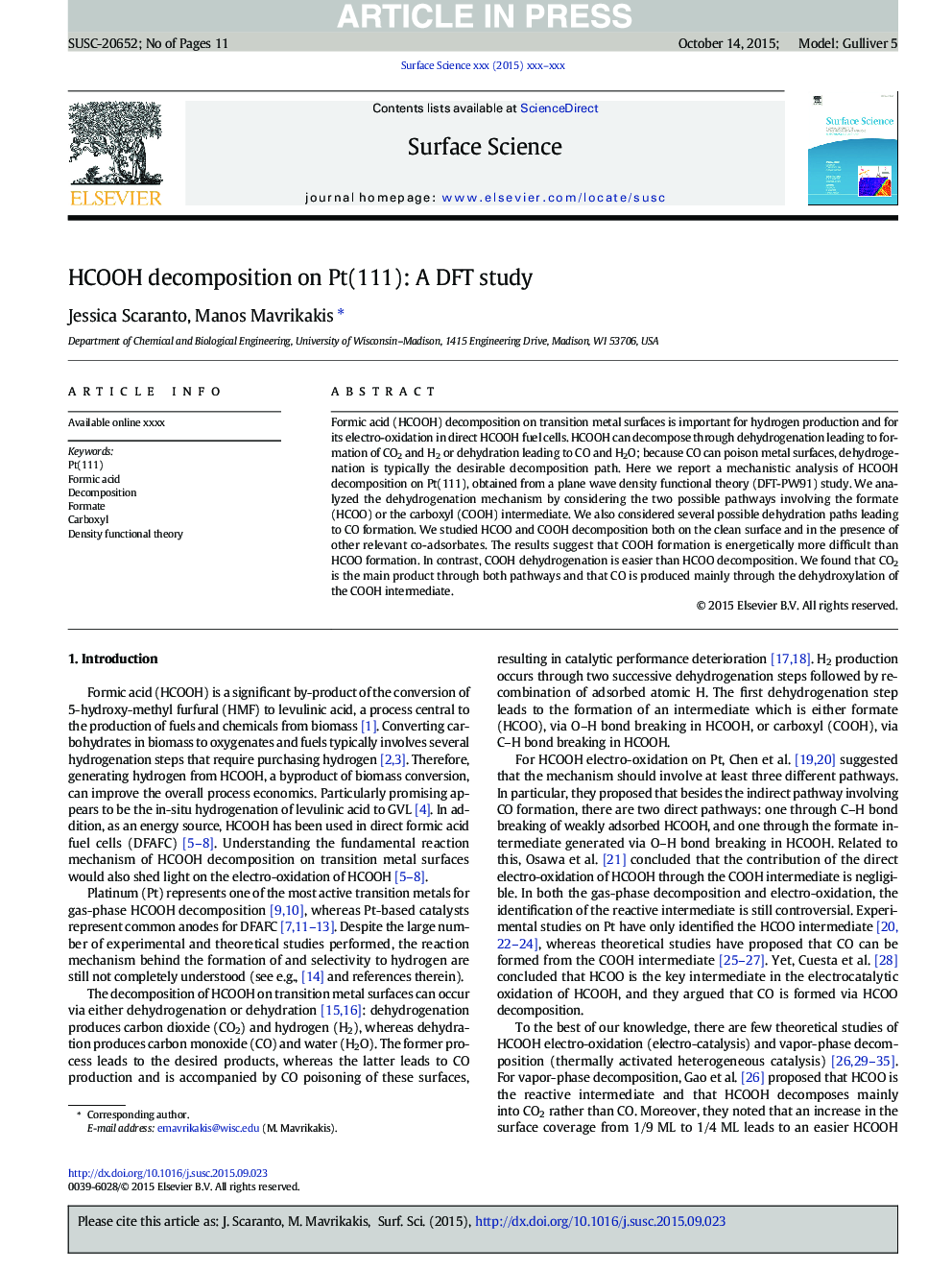 HCOOH decomposition on Pt(111): A DFT study