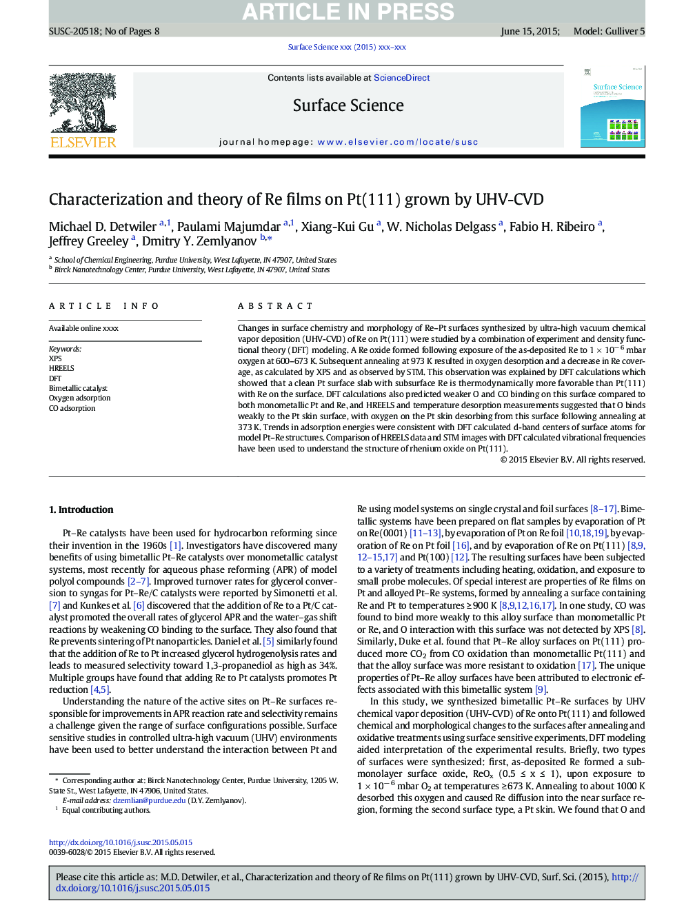 Characterization and theory of Re films on Pt(111) grown by UHV-CVD
