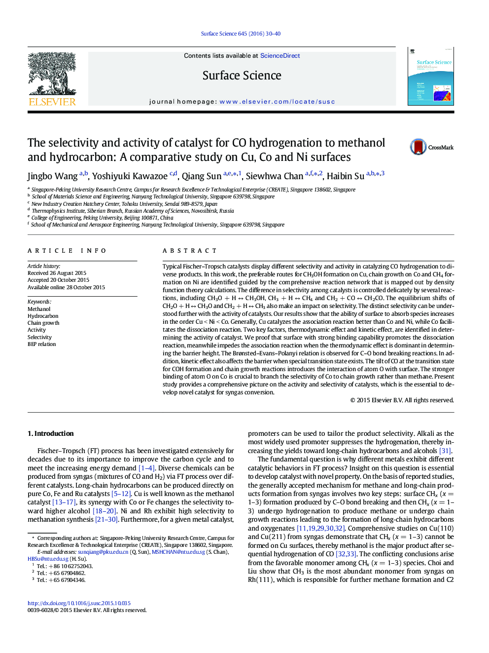 The selectivity and activity of catalyst for CO hydrogenation to methanol and hydrocarbon: A comparative study on Cu, Co and Ni surfaces