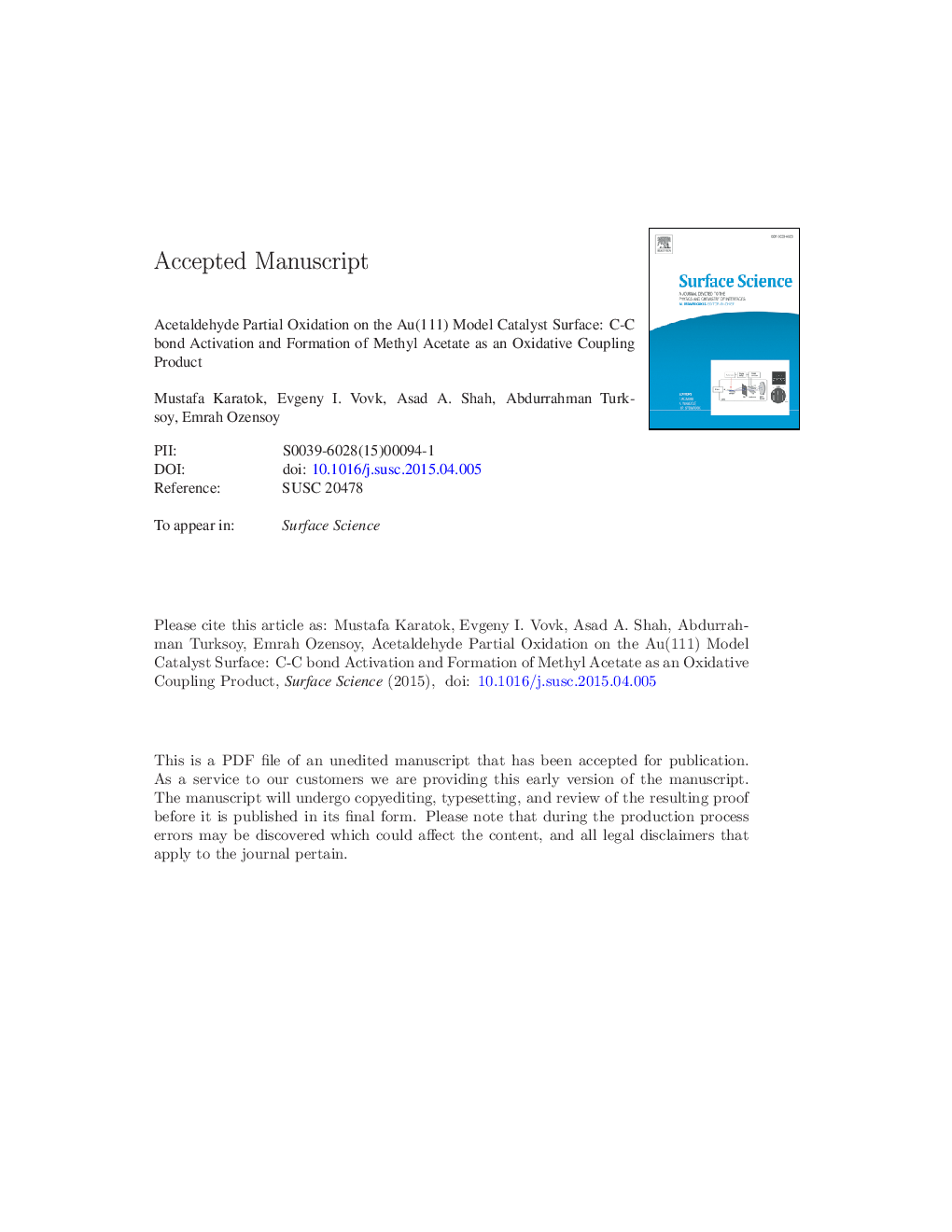 Acetaldehyde partial oxidation on the Au(111) model catalyst surface: C-C bond activation and formation of methyl acetate as an oxidative coupling product