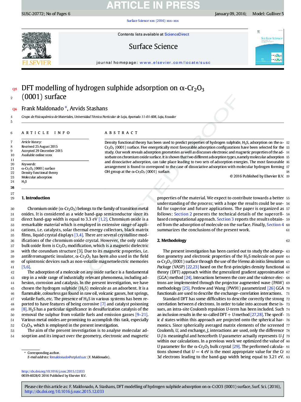 DFT modelling of hydrogen sulphide adsorption on Î±-Cr2O3 (0001) surface