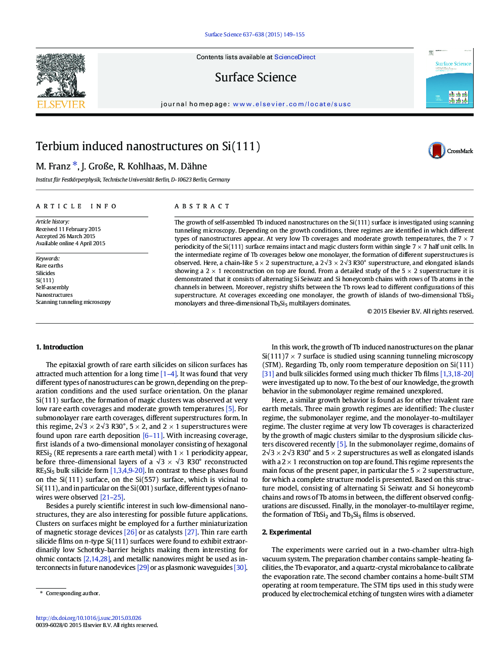 Terbium induced nanostructures on Si(111)