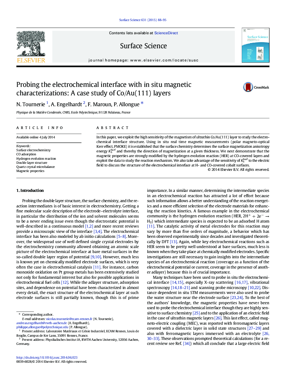 Probing the electrochemical interface with in situ magnetic characterizations: A case study of Co/Au(111) layers