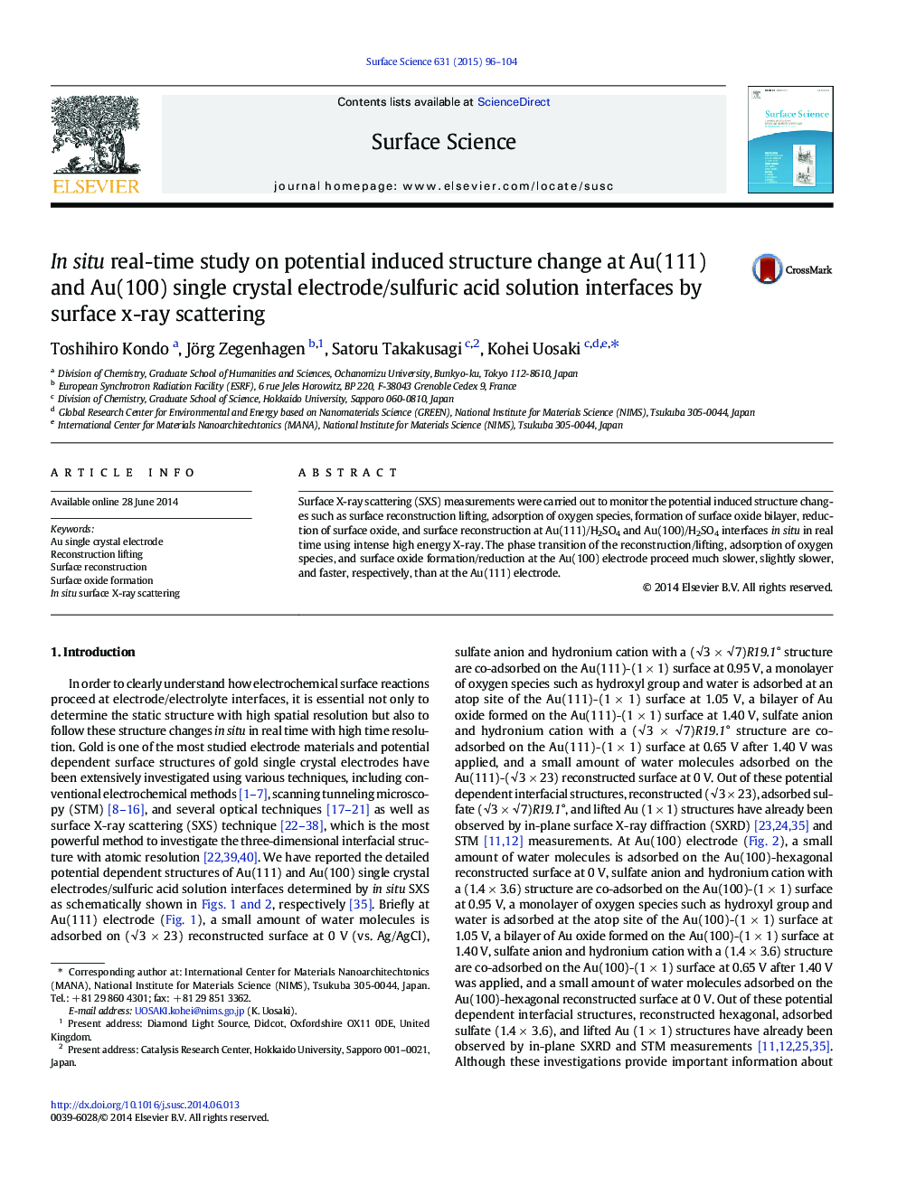 عکس صفحه اول مقاله: In situ real-time study on potential induced structure change at Au(111) and Au(100) single crystal electrode/sulfuric acid solution interfaces by surface x-ray scattering In situ real-time study on potential induced structure change at Au(111) and Au(100) single crystal electrode/sulfuric acid solution interfaces by surface x-ray scattering