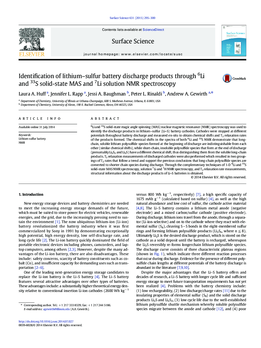 عکس صفحه اول مقاله: Identification of lithium-sulfur battery discharge products through 6Li and 33S solid-state MAS and 7Li solution NMR spectroscopy Identification of lithium-sulfur battery discharge products through 6Li and 33S solid-state MAS and 7Li solution NMR spectroscopy