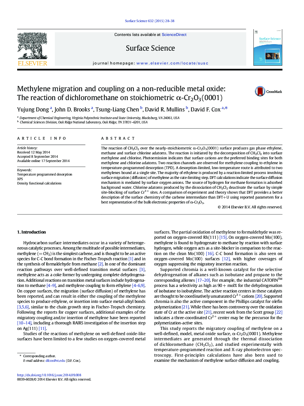 Methylene migration and coupling on a non-reducible metal oxide: The reaction of dichloromethane on stoichiometric Î±-Cr2O3(0001)