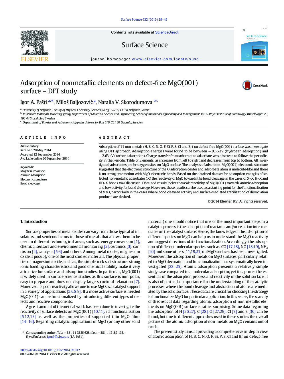 Adsorption of nonmetallic elements on defect-free MgO(001) surface - DFT study