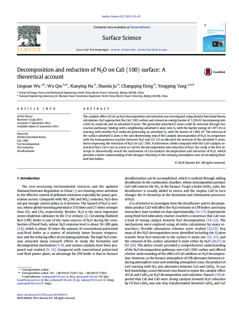 عکس صفحه اول مقاله: Decomposition and reduction of N2O on CaS (100) surface: A theoretical account Decomposition and reduction of N2O on CaS (100) surface: A theoretical account