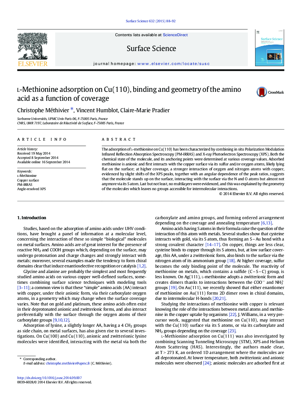 l-Methionine adsorption on Cu(110), binding and geometry of the amino acid as a function of coverage