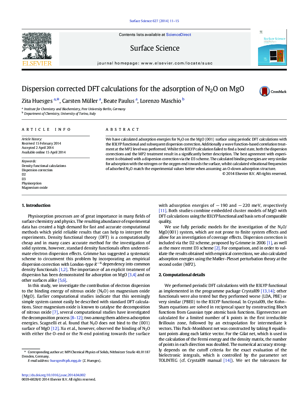 عکس صفحه اول مقاله: Dispersion corrected DFT calculations for the adsorption of N2O on MgO Dispersion corrected DFT calculations for the adsorption of N2O on MgO