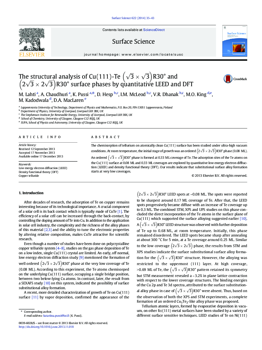 The structural analysis of Cu(111)-Te 3Ã3R30Â° and 23Ã23R30Â° surface phases by quantitative LEED and DFT