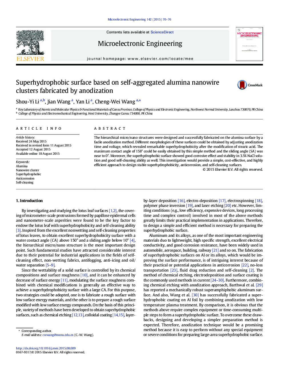 Superhydrophobic surface based on self-aggregated alumina nanowire clusters fabricated by anodization