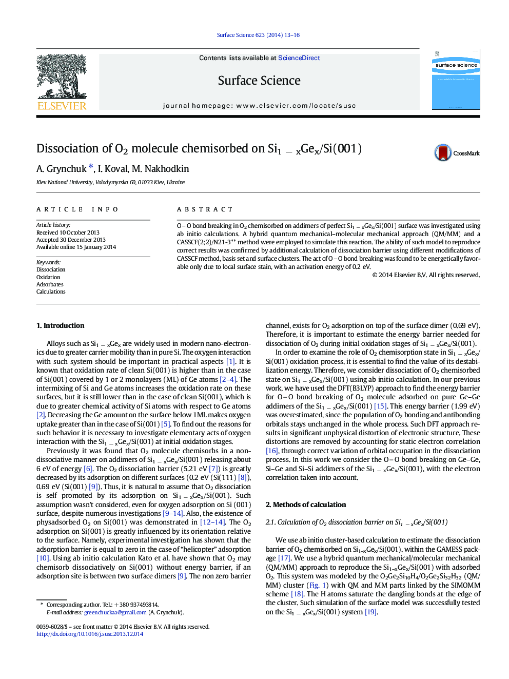 Dissociation of O2 molecule chemisorbed on Si1Â âÂ xGex/Si(001)