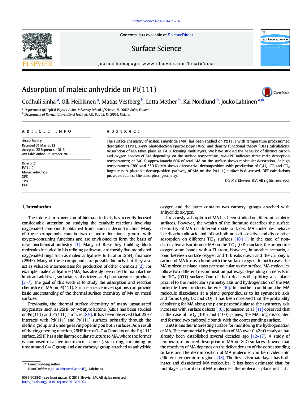 Adsorption of maleic anhydride on Pt(111)