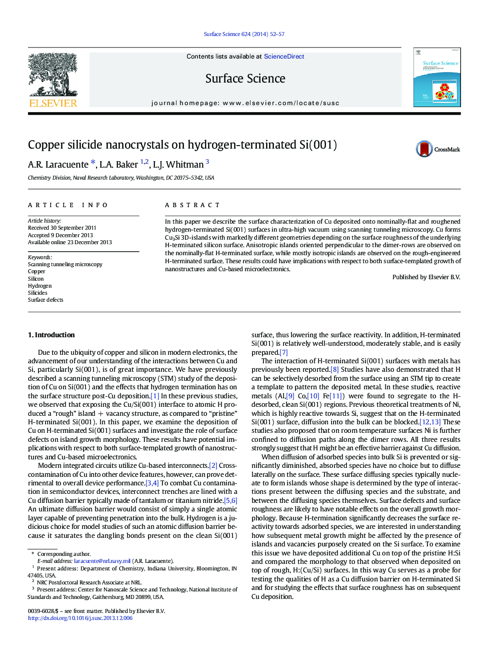 Copper silicide nanocrystals on hydrogen-terminated Si(001)