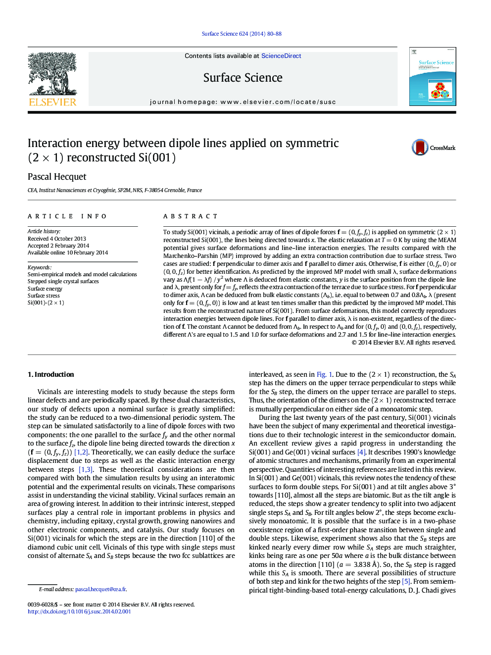 Interaction energy between dipole lines applied on symmetric (2Â ÃÂ 1) reconstructed Si(001)