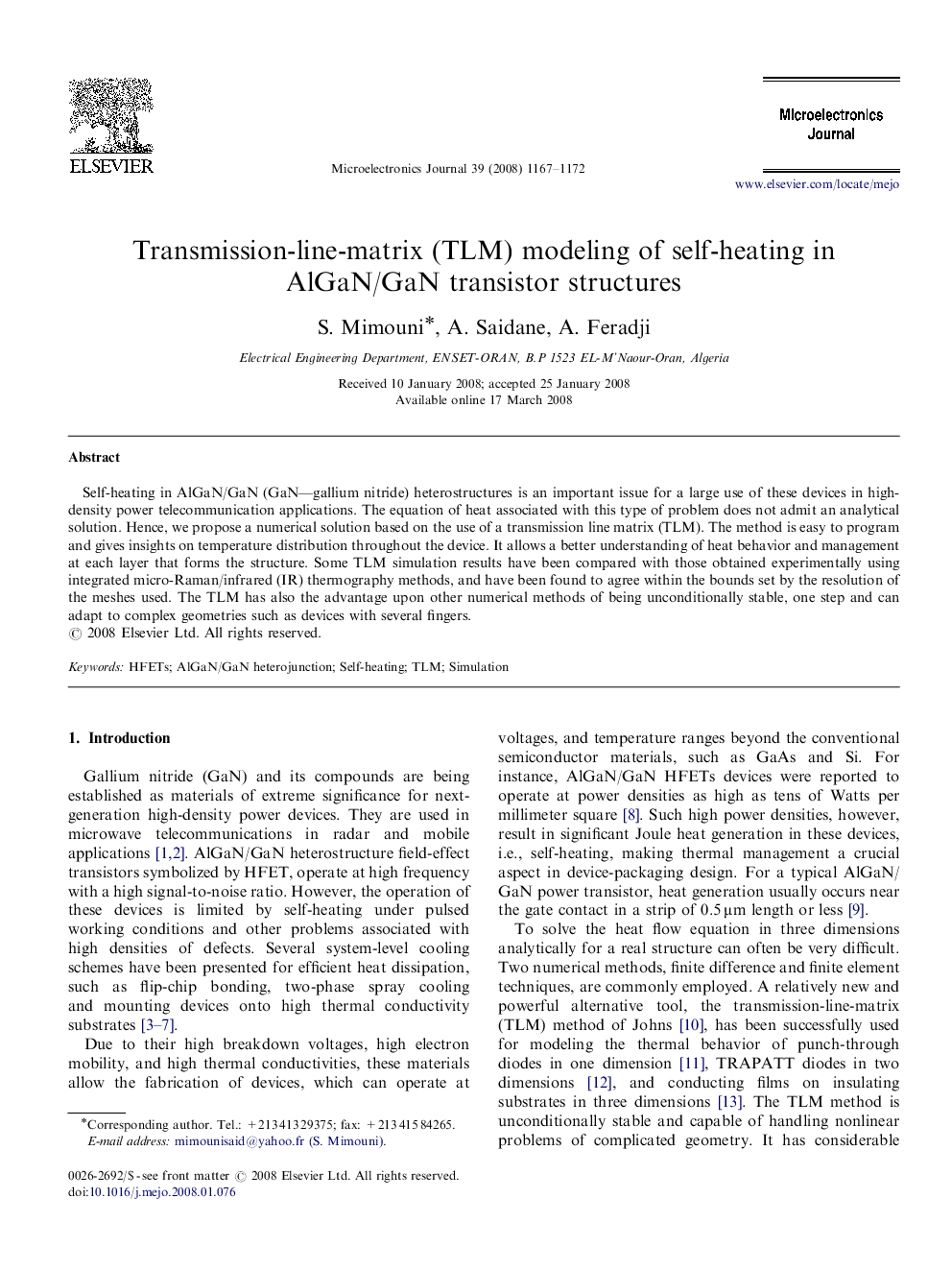 Transmission-line-matrix (TLM) modeling of self-heating in AlGaN/GaN transistor structures