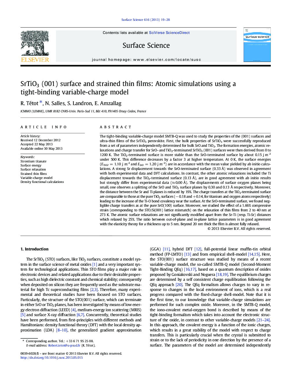 SrTiO3 (001) surface and strained thin films: Atomic simulations using a tight-binding variable-charge model