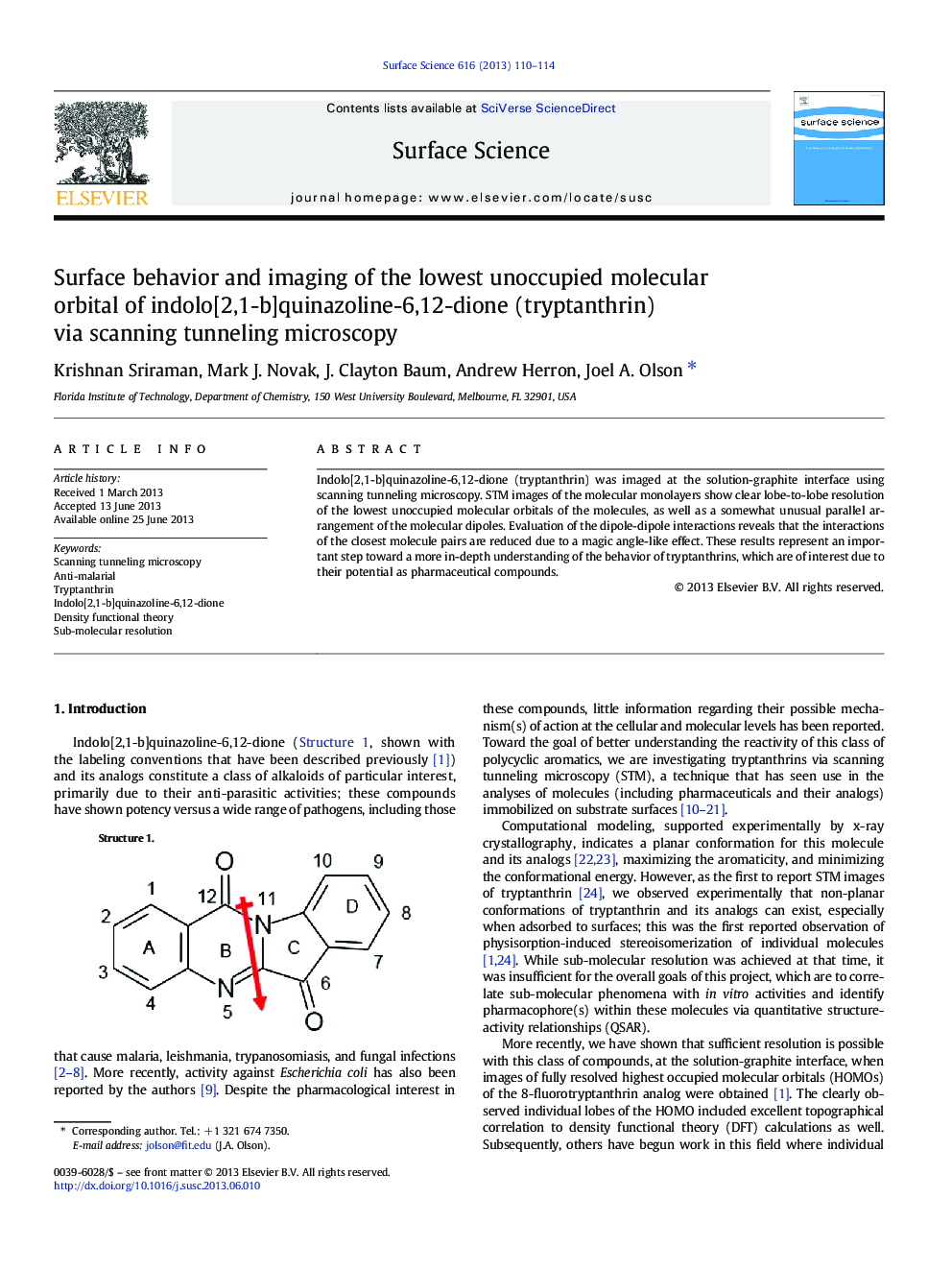 Surface behavior and imaging of the lowest unoccupied molecular orbital of indolo[2,1-b]quinazoline-6,12-dione (tryptanthrin) via scanning tunneling microscopy