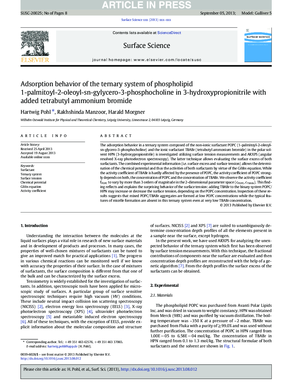 Adsorption behavior of the ternary system of phospholipid 1-palmitoyl-2-oleoyl-sn-gylycero-3-phosphocholine in 3-hydroxypropionitrile with added tetrabutyl ammonium bromide