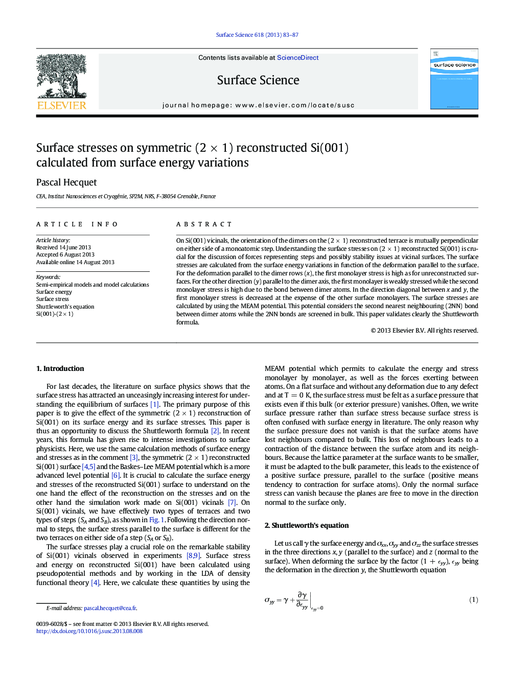 Surface stresses on symmetric (2Â ÃÂ 1) reconstructed Si(001) calculated from surface energy variations