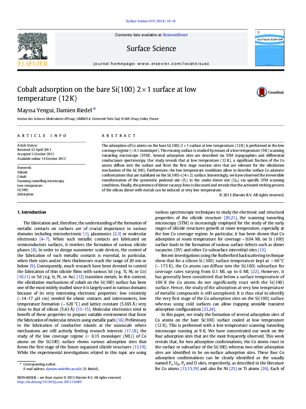 Cobalt adsorption on the bare Si(100) 2Â ÃÂ 1 surface at low temperature (12Â K)