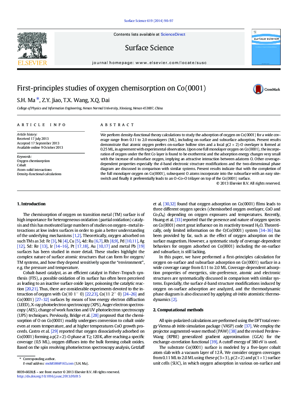 First-principles studies of oxygen chemisorption on Co(0001)