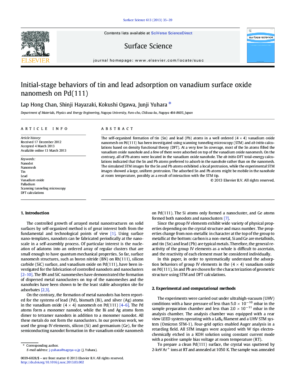 Initial-stage behaviors of tin and lead adsorption on vanadium surface oxide nanomesh on Pd(111)