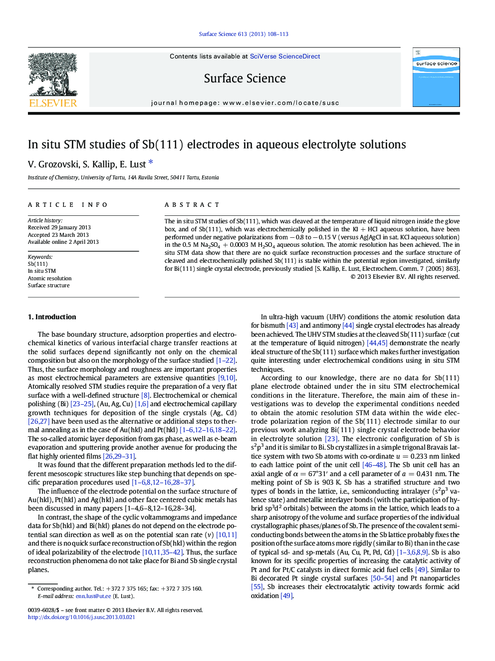 In situ STM studies of Sb(111) electrodes in aqueous electrolyte solutions