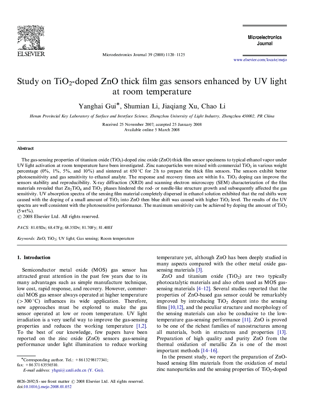 Study on TiO2-doped ZnO thick film gas sensors enhanced by UV light at room temperature