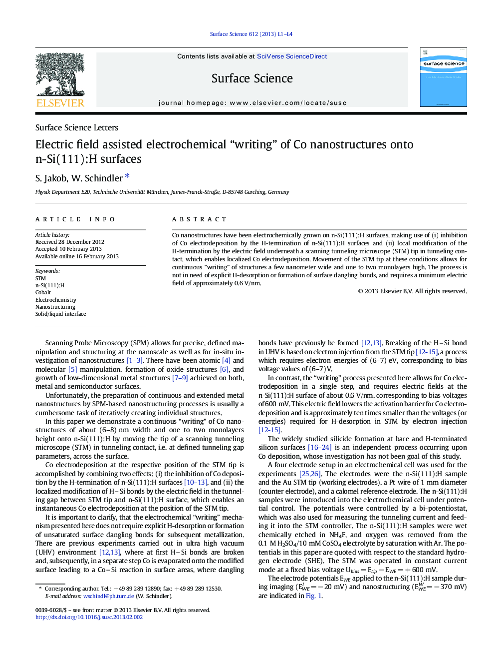 عکس صفحه اول مقاله: Electric field assisted electrochemical “writing” of Co nanostructures onto n-Si(111):H surfaces Electric field assisted electrochemical “writing” of Co nanostructures onto n-Si(111):H surfaces