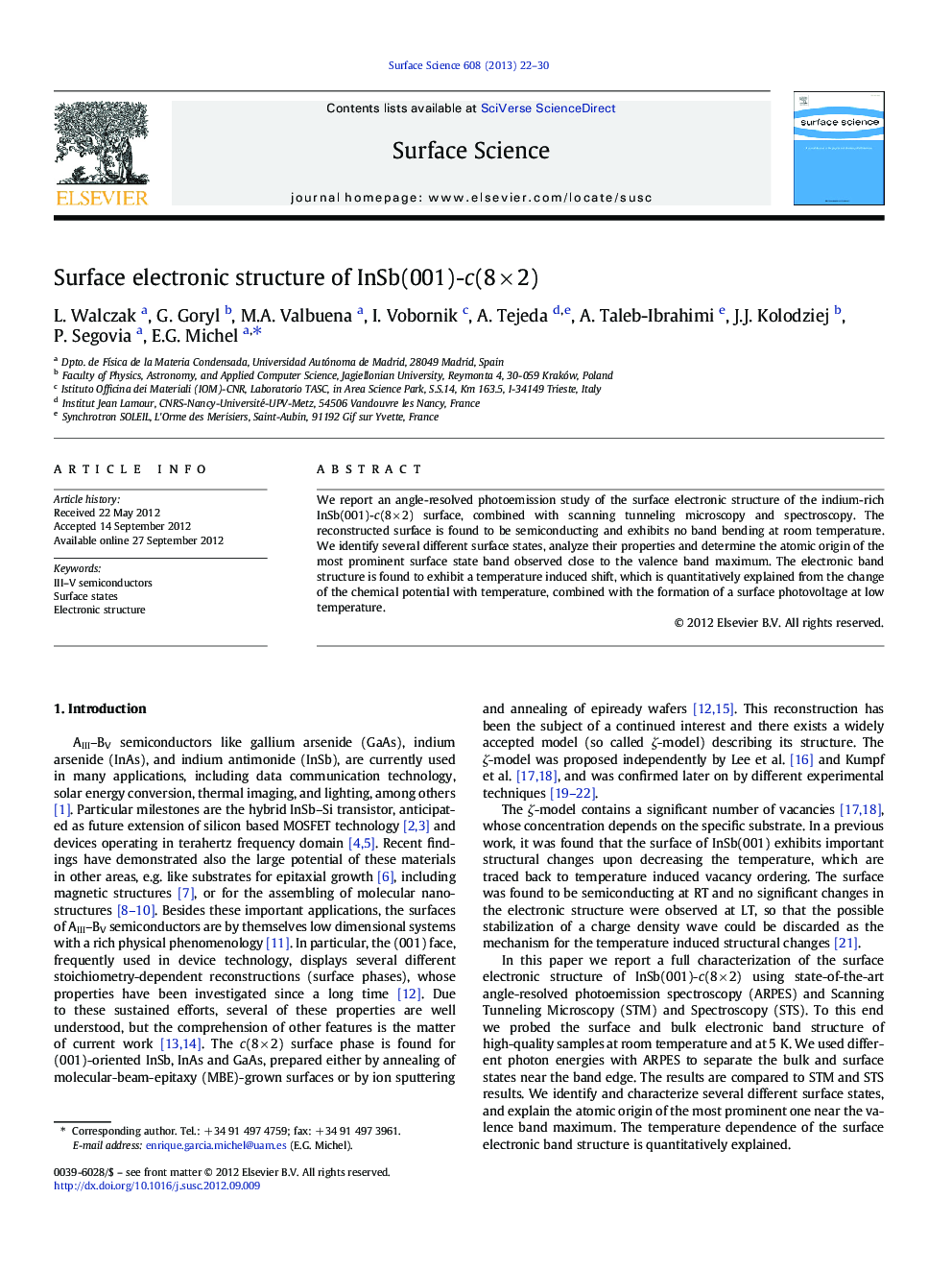 Surface electronic structure of InSb(001)-c(8Â ÃÂ 2)