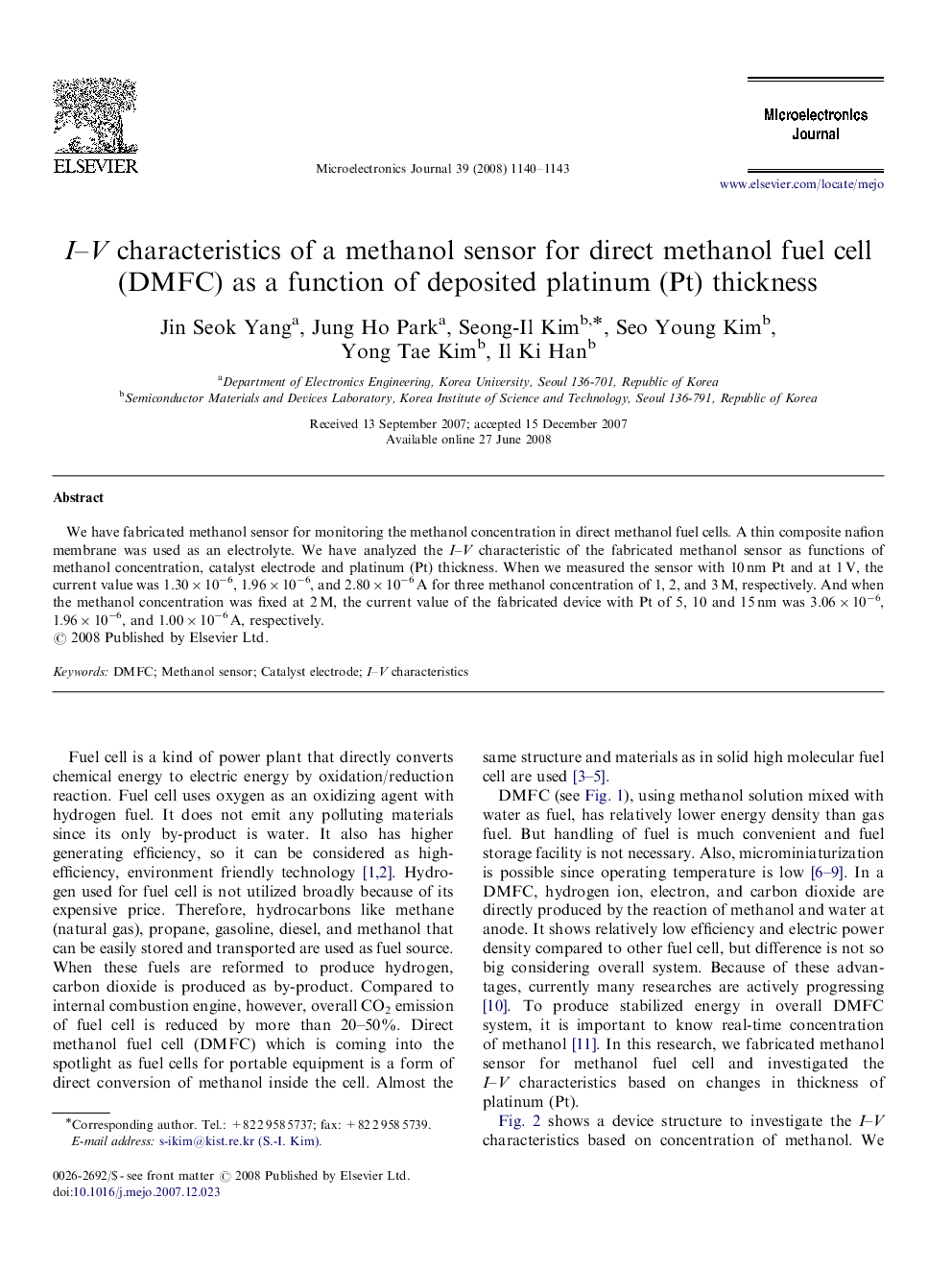 I-V characteristics of a methanol sensor for direct methanol fuel cell (DMFC) as a function of deposited platinum (Pt) thickness