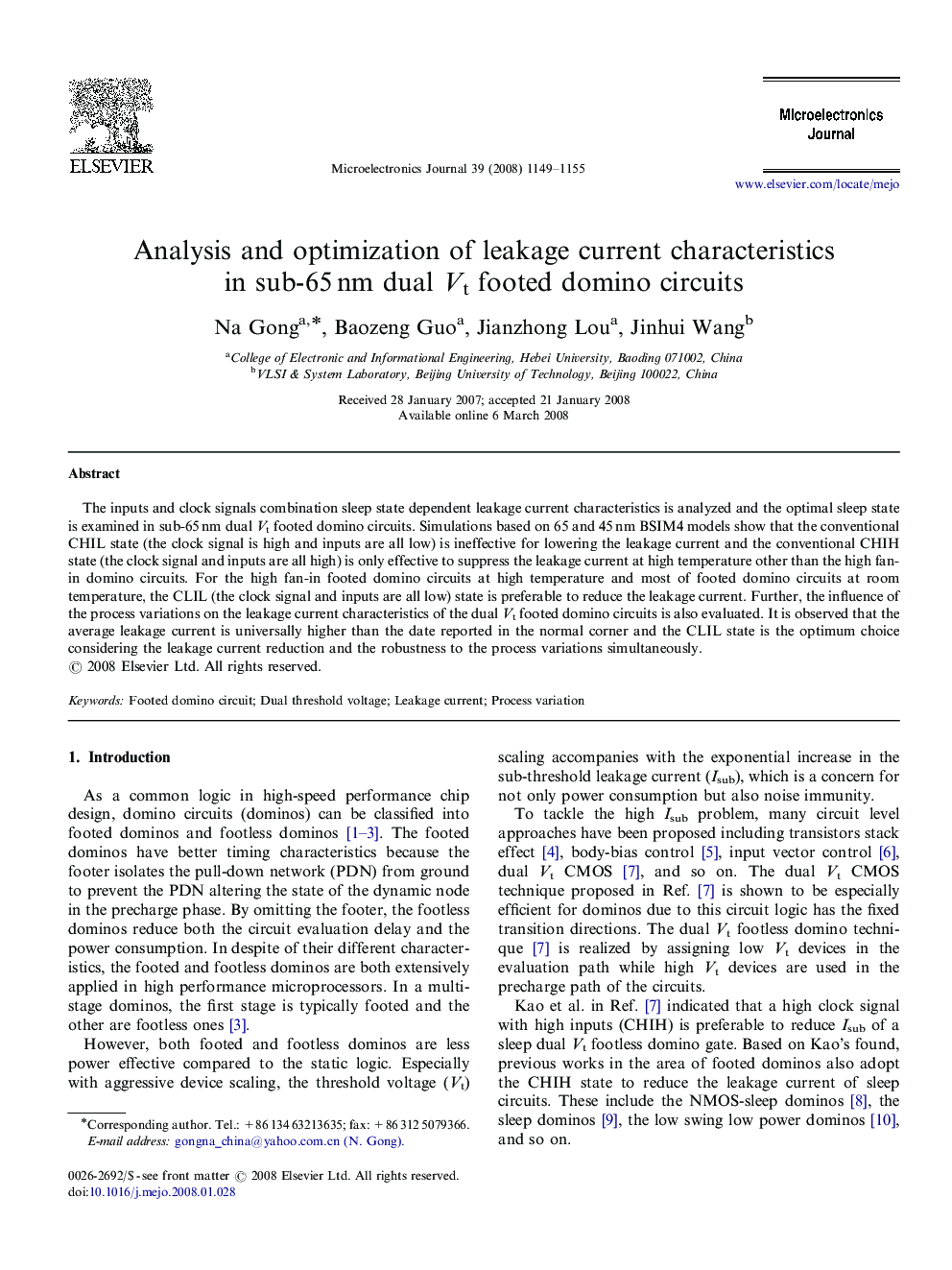 Analysis and optimization of leakage current characteristics in sub-65 nm dual Vt footed domino circuits