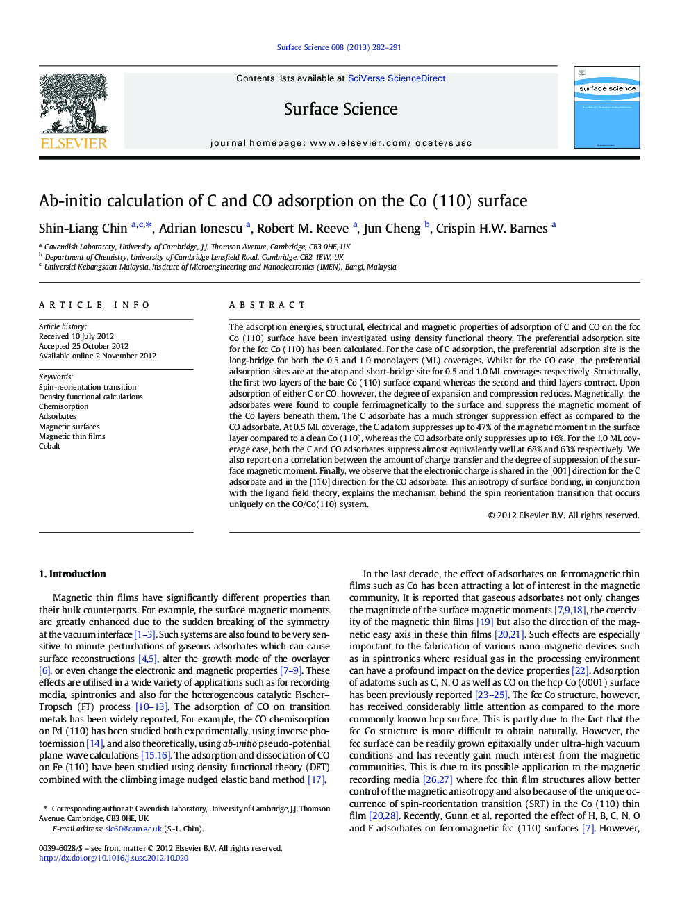 Ab-initio calculation of C and CO adsorption on the Co (110) surface