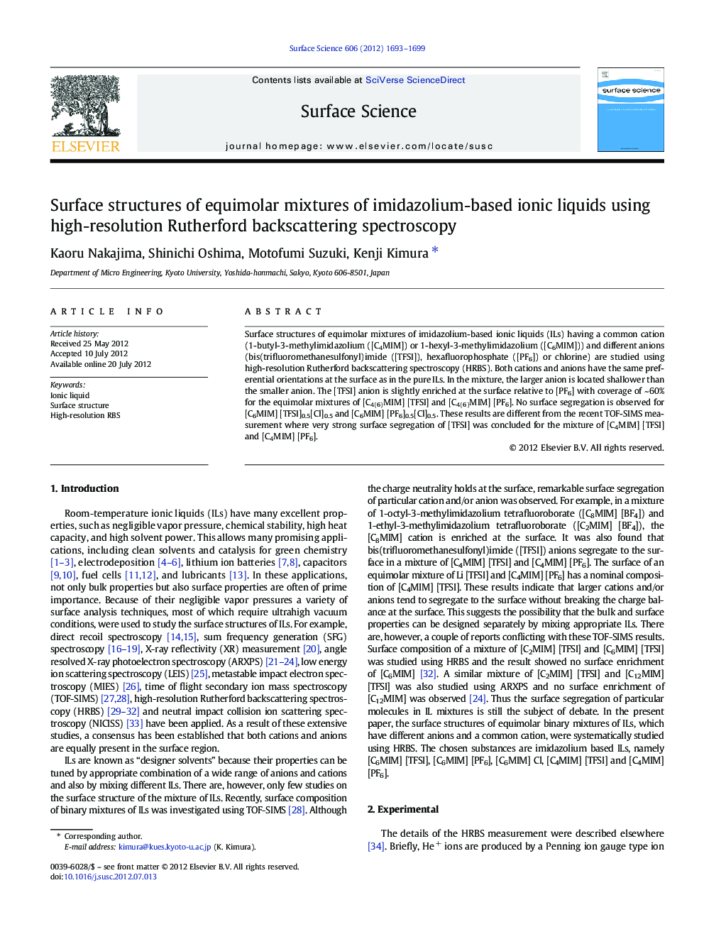 Surface structures of equimolar mixtures of imidazolium-based ionic liquids using high-resolution Rutherford backscattering spectroscopy