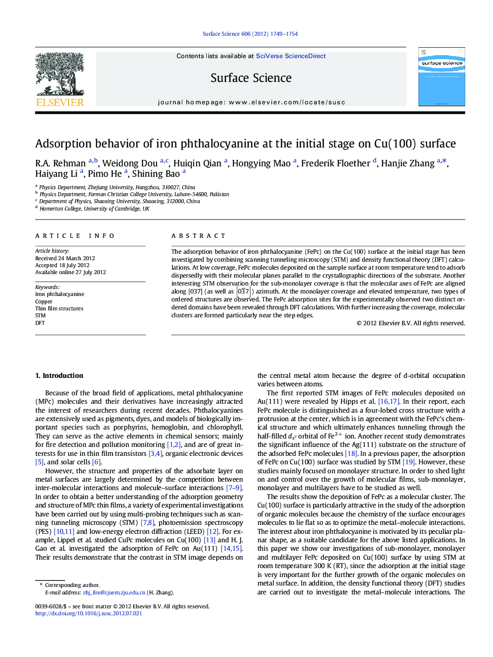 عکس صفحه اول مقاله: Adsorption behavior of iron phthalocyanine at the initial stage on Cu(100) surface Adsorption behavior of iron phthalocyanine at the initial stage on Cu(100) surface