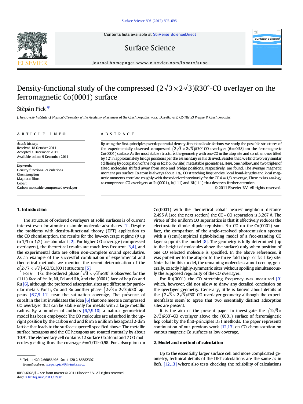 عکس صفحه اول مقاله: Density-functional study of the compressed (2â3 Ã 2â3)R30°-CO overlayer on the ferromagnetic Co(0001) surface Density-functional study of the compressed (2â3 Ã 2â3)R30°-CO overlayer on the ferromagnetic Co(0001) surface
