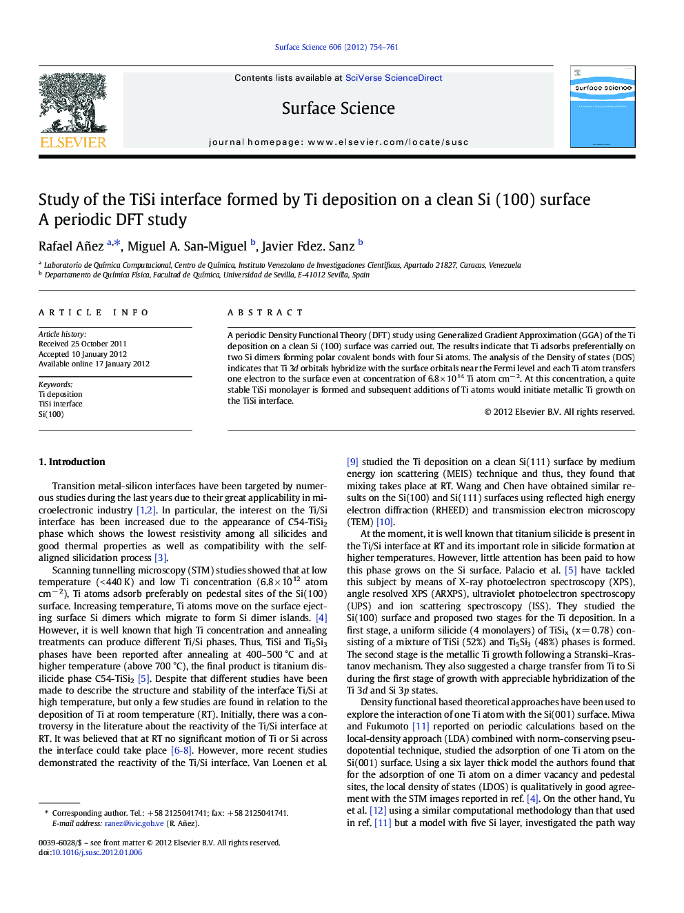 Study of the TiSi interface formed by Ti deposition on a clean Si (100) surface