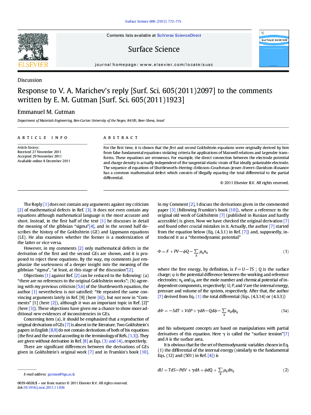 DiscussionResponse to V. A. Marichev's reply [Surf. Sci. 605(2011)2097] to the comments written by E. M. Gutman [Surf. Sci. 605(2011)1923]